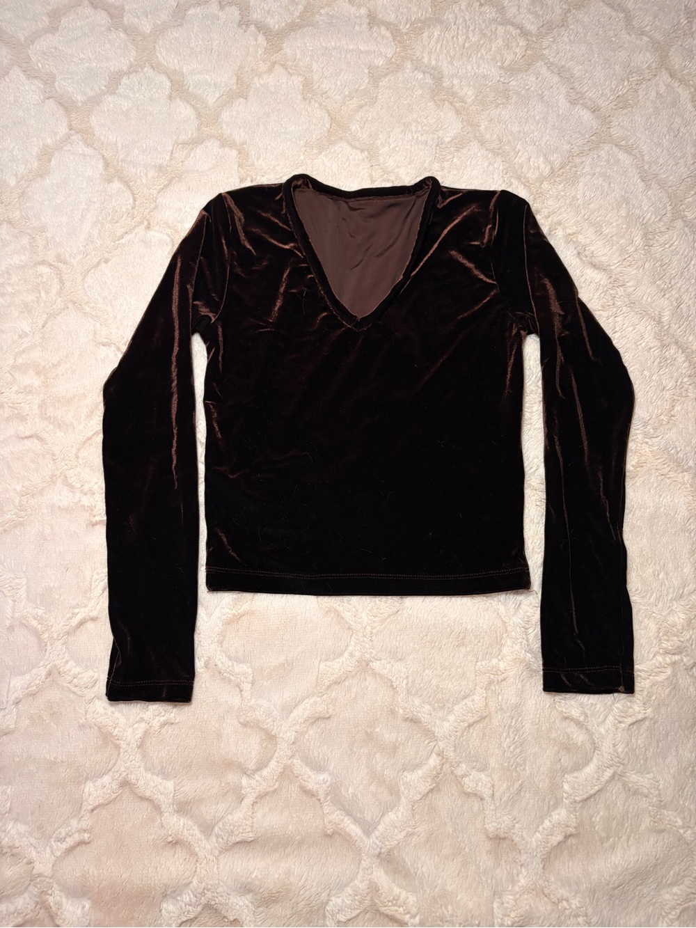 Brown Velvet V-Neck Long Sleeve Top